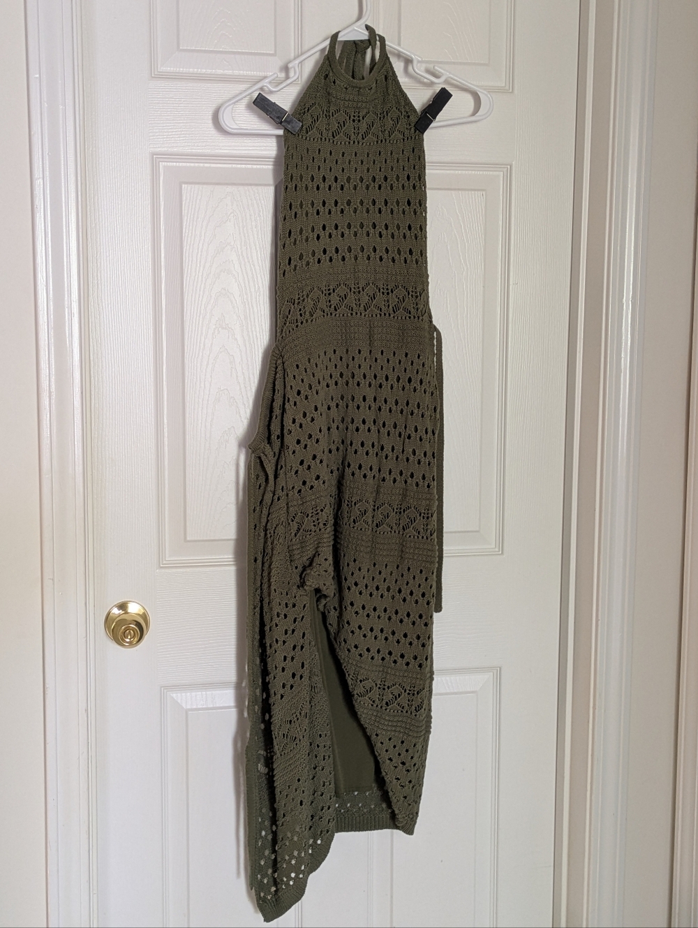 Lulus Blissful Strolls Olive Green Crochet Faux-Wrap Halter Midi Dress XS